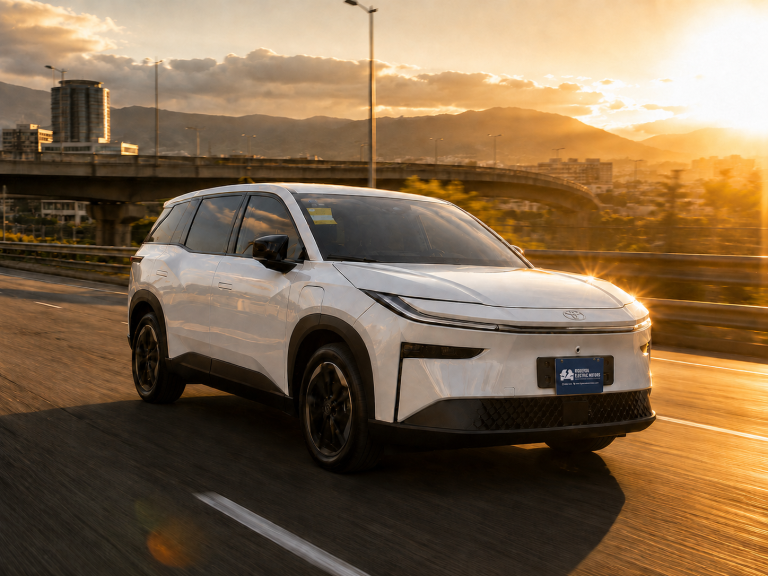 Toyota bZ3X blanco eléctrico en carretera de Costa Rica